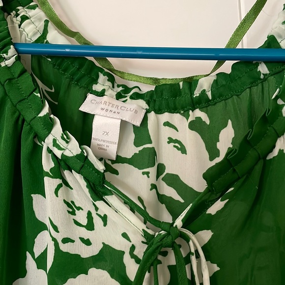 Green with white flower print  loose, comfortable tie front tunic top - Picture 4 of 6